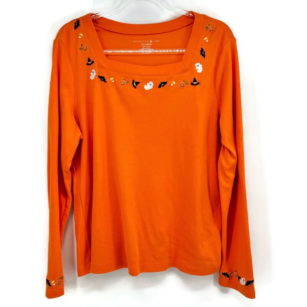 Halloween Orange Top Embroidered Bats Pumpkins Witch Hats Candy Corn Ghosts XL